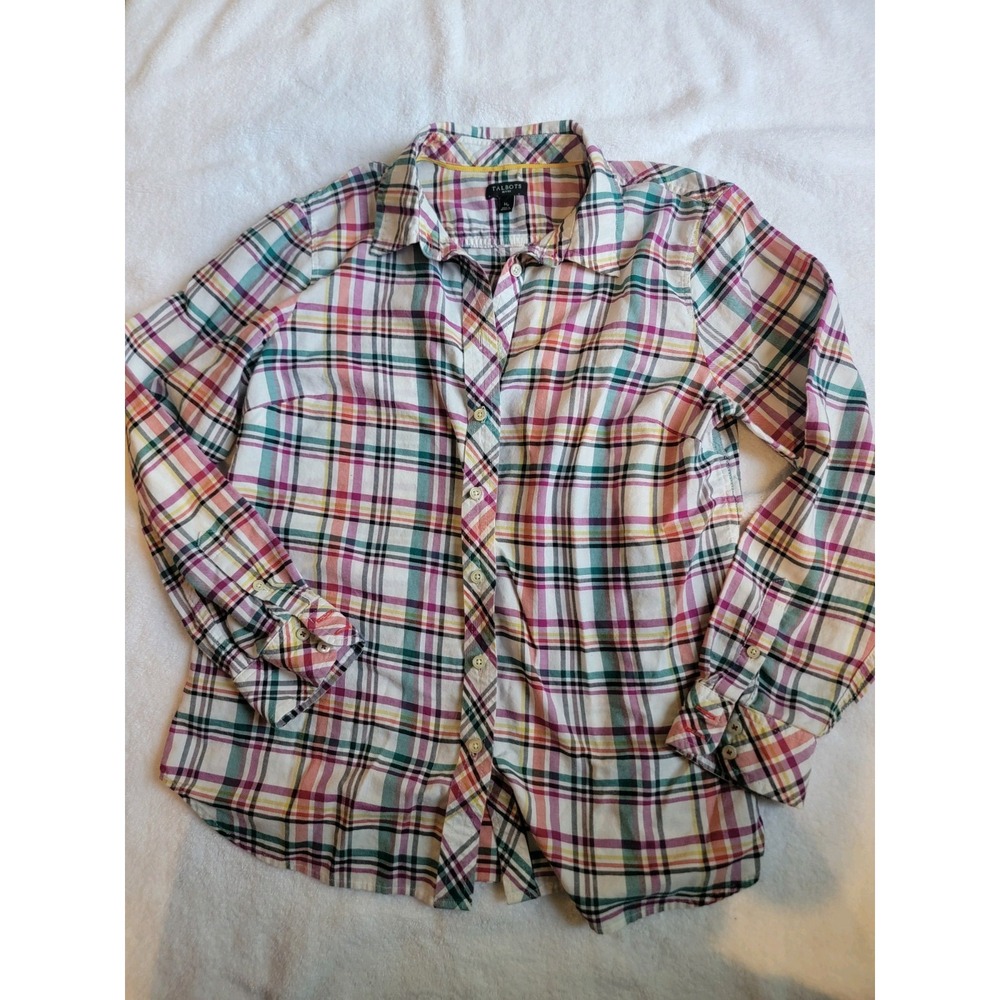 Talbots MP Medium Petite Plaid Button Down Cotton Spring Summer Shirt Top Layer